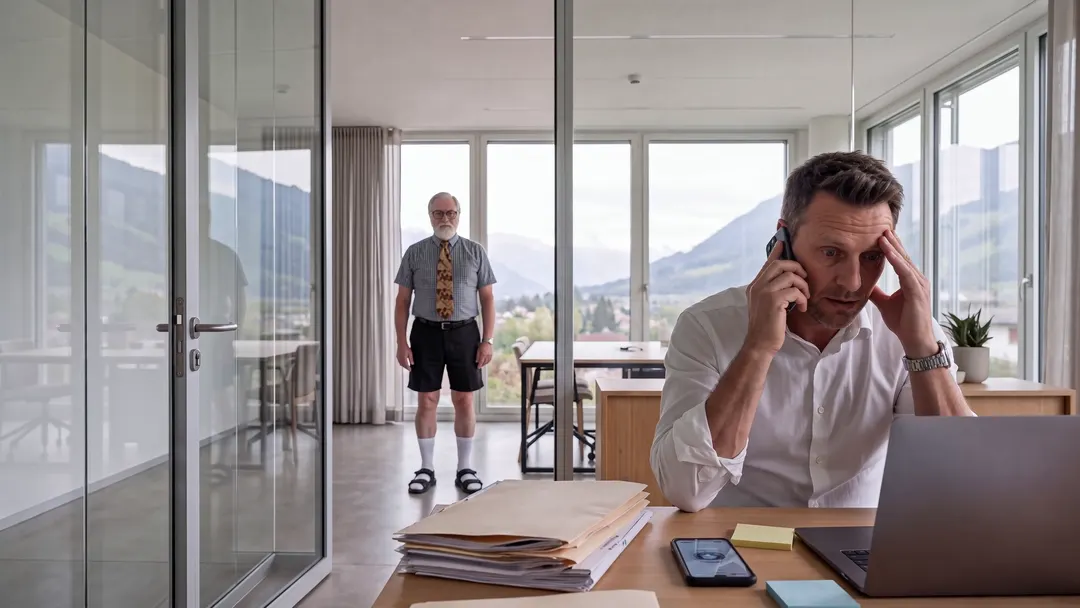 Der Inhaber hält das Telefon ans Ohr und fasst sich an die Schläfe. Im Hintergrund steht Jürgen.